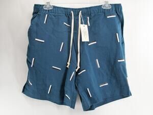 NWT Alex Crane Men's L 7" Teal Dashed Shorts 100% Linen Drawstring Elastic Waist
